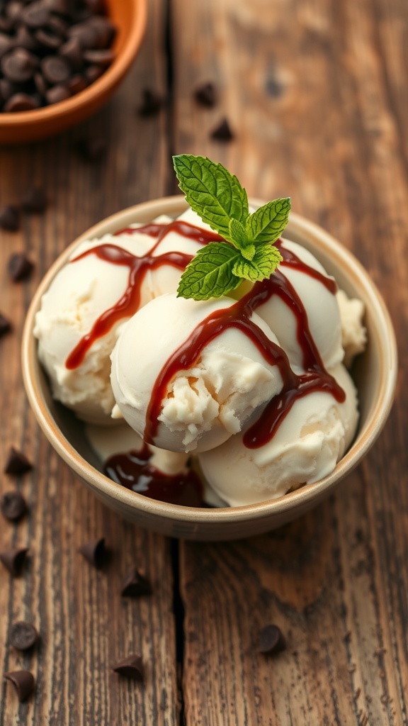 A bowl of vanilla ice cream with chocolate sauce and mint on a wooden table.